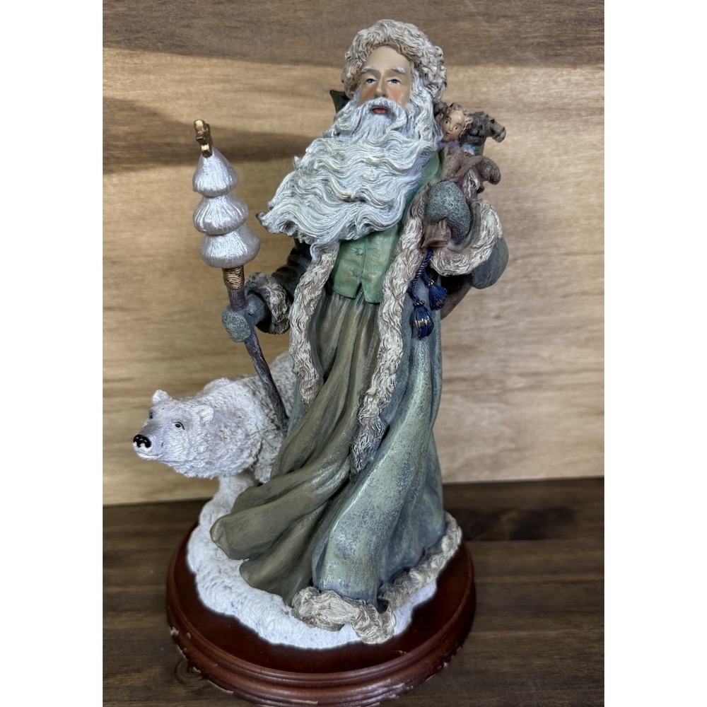 Santa Claus Figurine w/ Polar Bear & Toys 10" Christmas Decor Vintage Style
